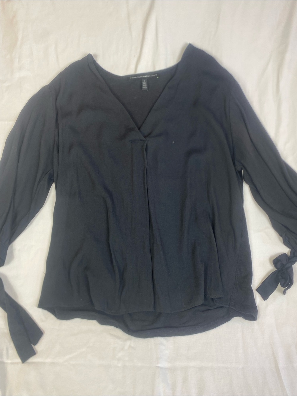 WHBM Black VNeck Tie-Sleeve Blouse elegant professional minimalist polished goth